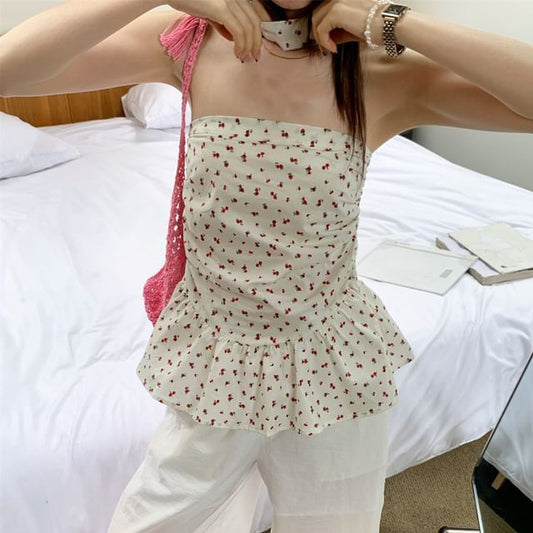 Top Tube Ruched Hem Ruffle Floral Print
