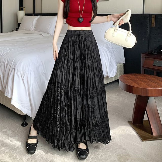 High Waist Plain A-Line Asymmetrical Maxi Crinkle Skirt