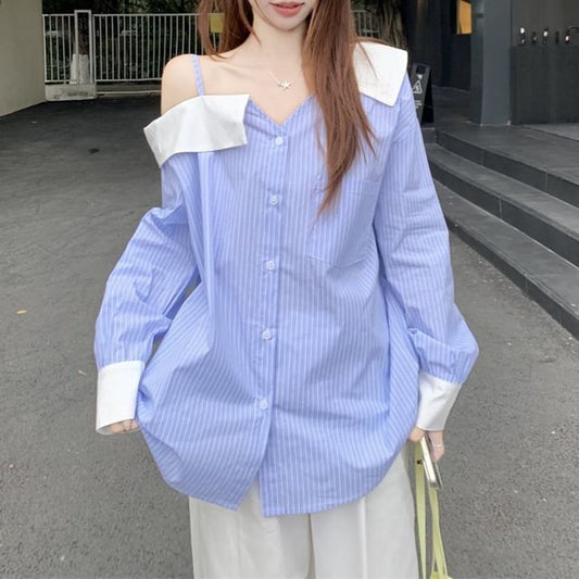 Cold Striped Long-Sleeve Asymmetrical Button-Up Shoulder Blouse