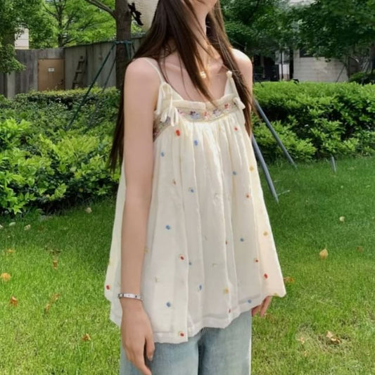 Top Camisole Embroidered Trim Bow Accent Frill Flowy