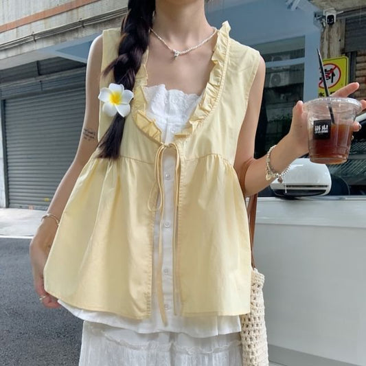 Trim Sleeveless Two-Piece Tie Tone Front Blouse Frill Mock Two