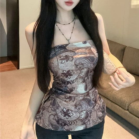 Print Ruched Paisley Top Slit Tube