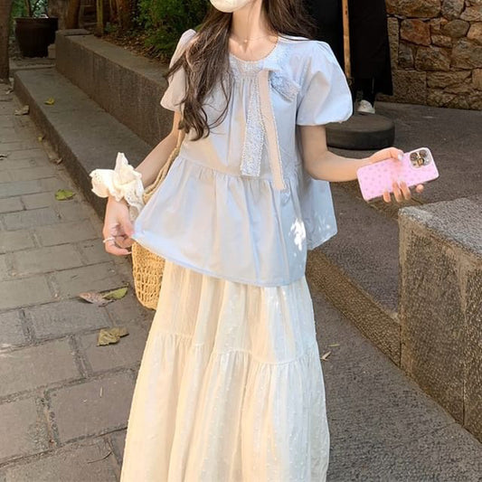 Lace Blouse Crew Neck Puff-Sleeve Trim Bow Accent