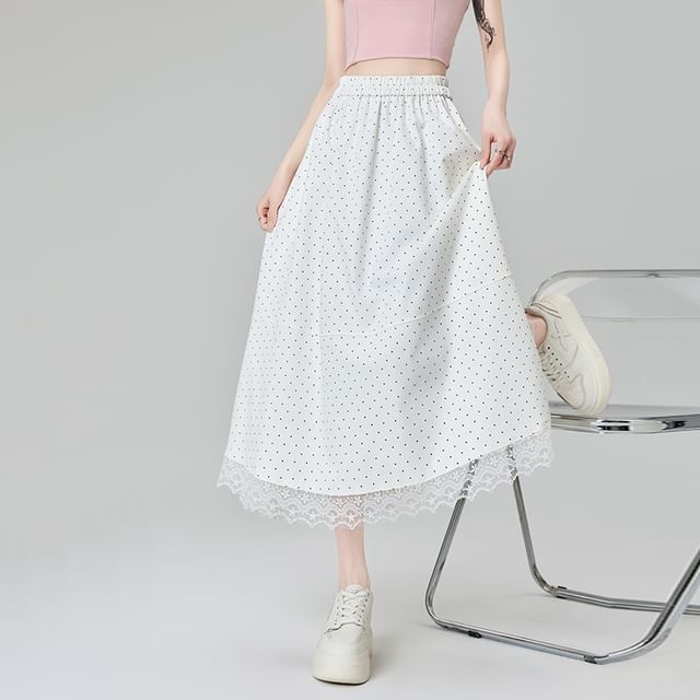 A-Line High Skirt Dotted Midi Lace Waist Panel