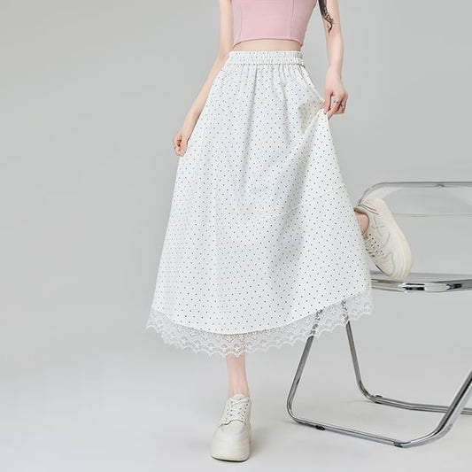 A-Line High Skirt Dotted Midi Lace Waist Panel