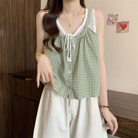 Crop Two-Piece V-Neck Tank Gingham Mock Button-Up Lace Top Panel
