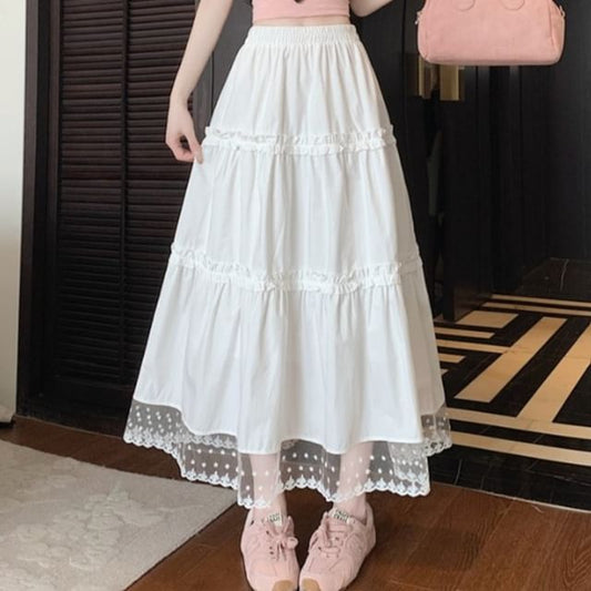 Waist High Skirt Frill Midi Lace Panel A-Line Trim