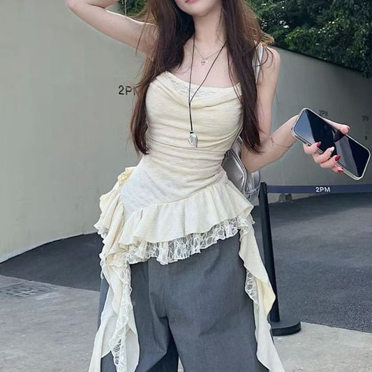 Hem Top Panel Lace Ruffle Cowl Asymmetrical Camisole Neck