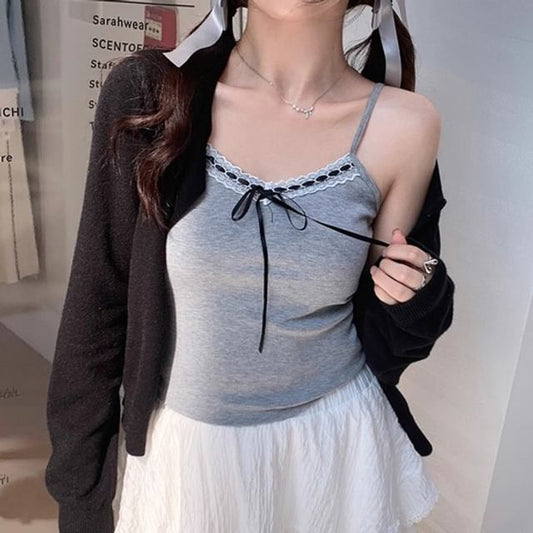 Top Bow Lace Plain Crop V-Neck Cami Trim Accent