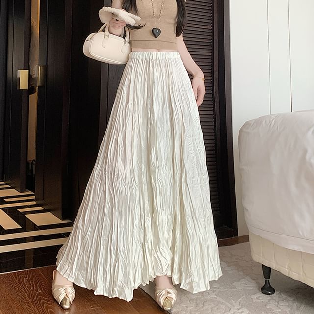 High Waist Plain A-Line Asymmetrical Maxi Crinkle Skirt