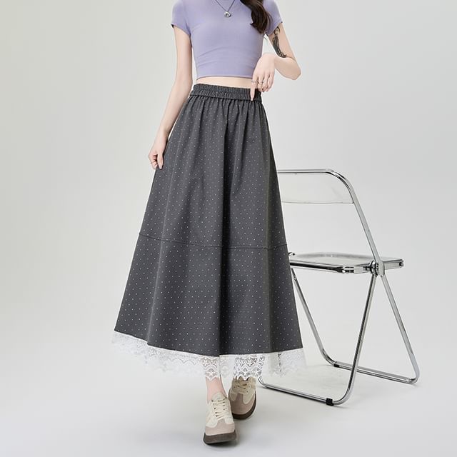 A-Line High Skirt Dotted Midi Lace Waist Panel