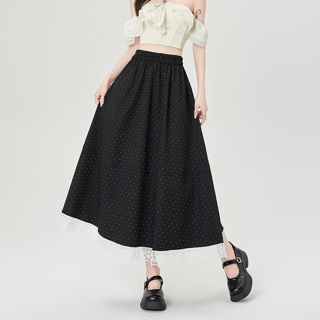 A-Line High Skirt Dotted Midi Lace Waist Panel