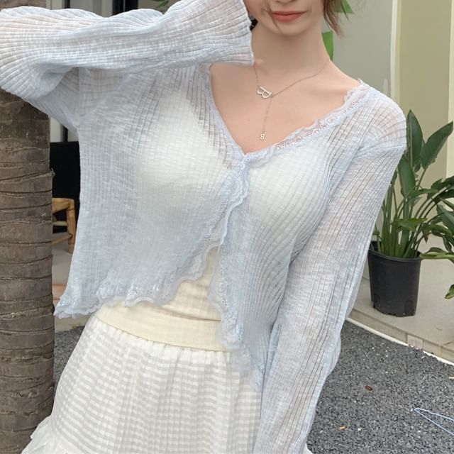Cardigan Crop Lace Plain Sheer One-Buttoned Trim V-Neck