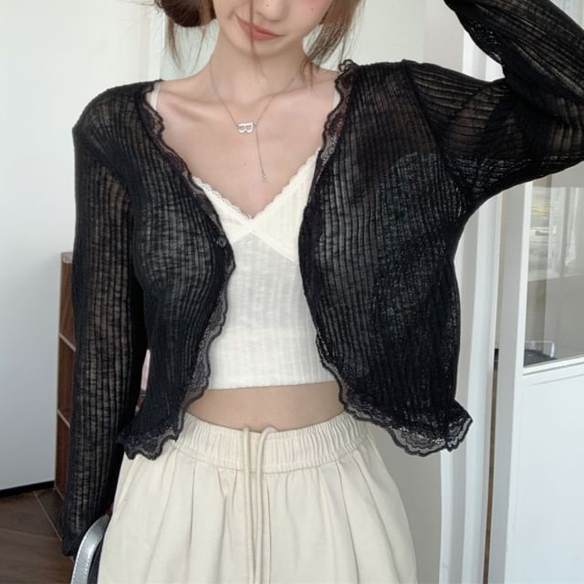 Cardigan Crop Lace Plain Sheer One-Buttoned Trim V-Neck