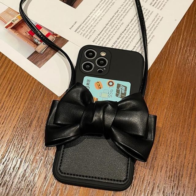 with Case Holder Bow Phone Lanyard Leather Faux Card