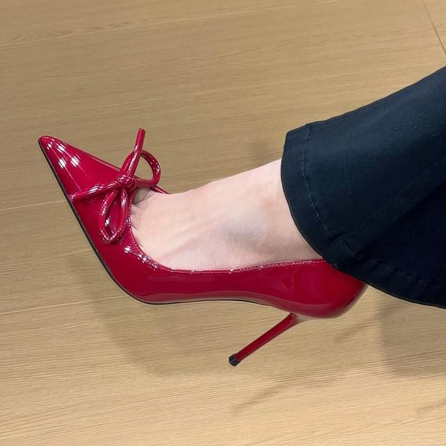 Leather Patent Pointed Bow Pumps Stiletto Toe