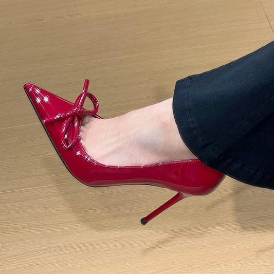 Leather Patent Pointed Bow Pumps Stiletto Toe