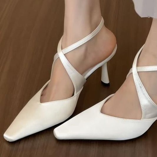 Square Pumps Toe Cross Strap Satin Ankle