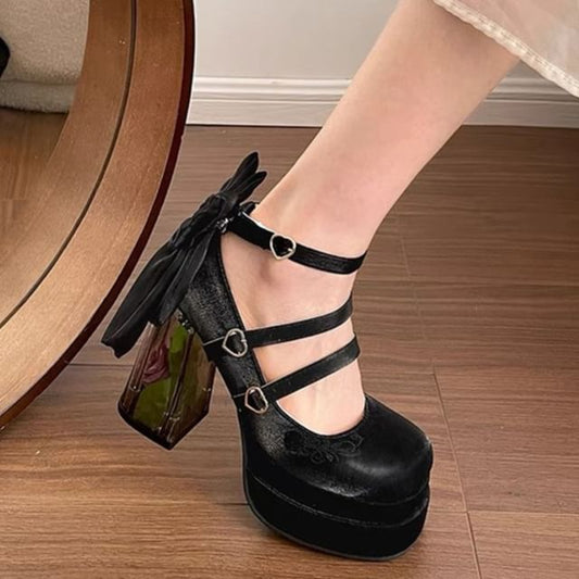 Mary Bow Heel Block Floral Pumps Platform Jane