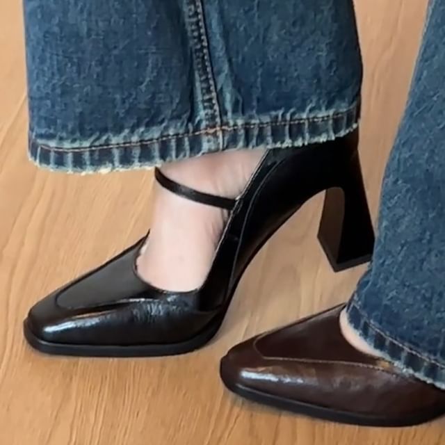 Jane Heel Panel Toe Mary Square Block Pumps