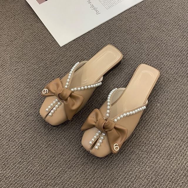 Mules Toe Pearl Bow Square Faux