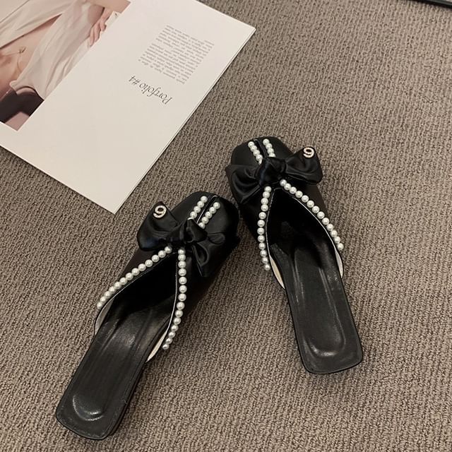 Mules Toe Pearl Bow Square Faux