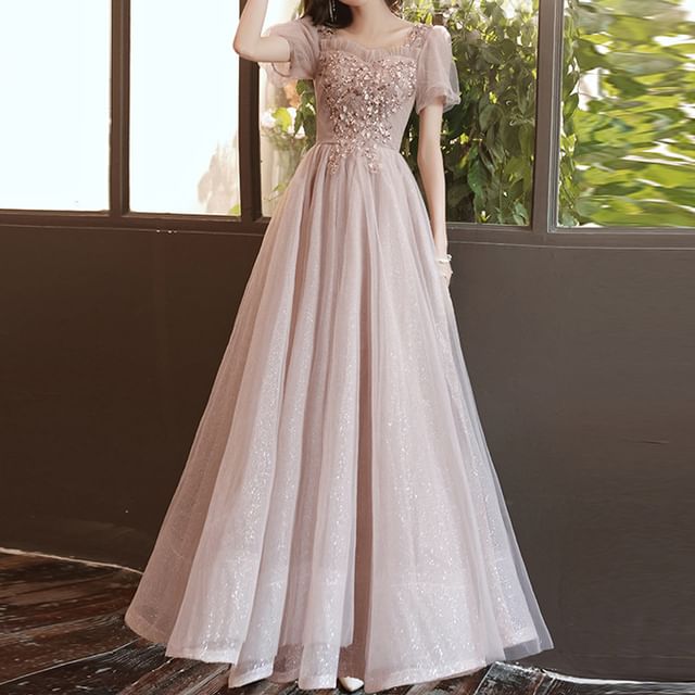 / Sequin Midi Evening A-Line Short-Sleeve Mesh Gown Dress