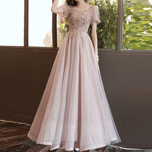 / Sequin Midi Evening A-Line Short-Sleeve Mesh Gown Dress