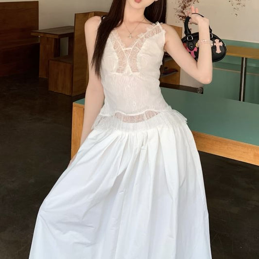 Maxi / Rise Slim Plain A-Line High Tank Fit Top Skirt Lace Panel