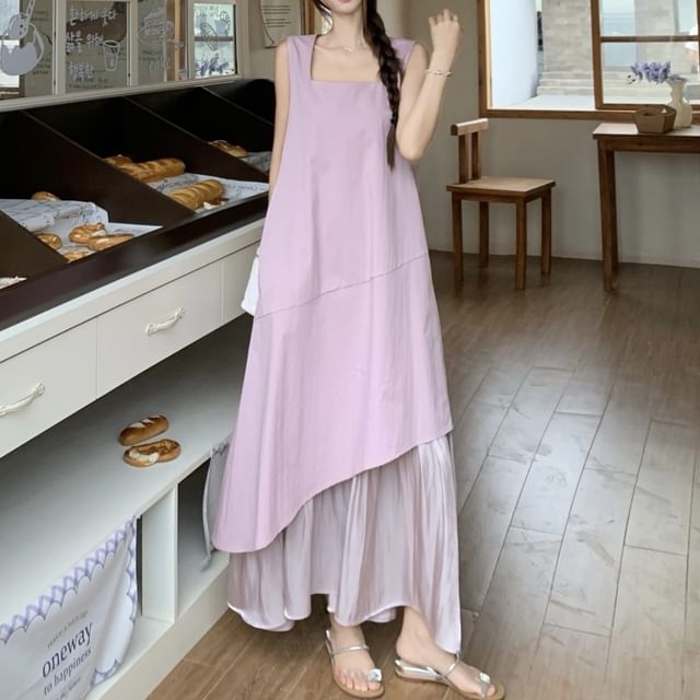 Asymmetrical Paneled Neck Midi Square Dress Sleeveless A-Line