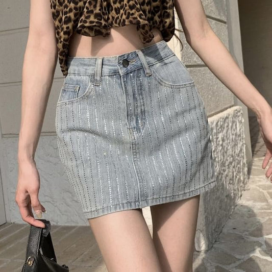 Rhinestone Skirt Pencil Mini Striped High Rise Denim