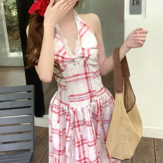 Panel Back Open Midi Dress Plaid Lace A-Line Halter