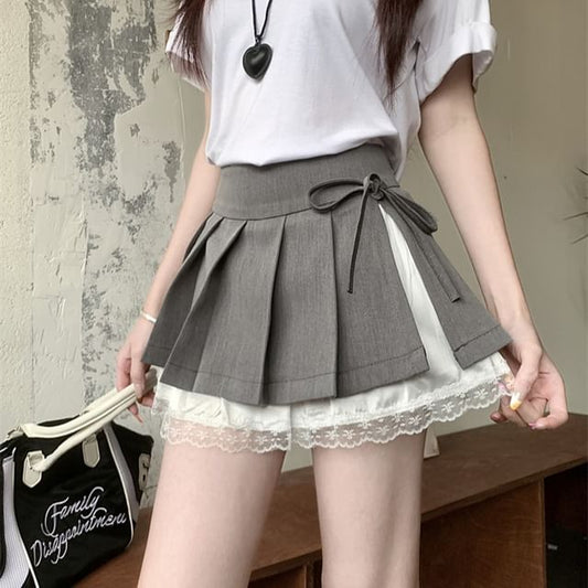 Waist Panel Lace A-Line Skirt Mini Bow Pleated High