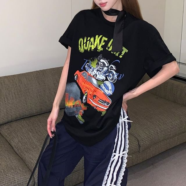 Mini Round / Neck Spaghetti Short-Sleeve Dress Bodycon Graphic Strap Print Tee