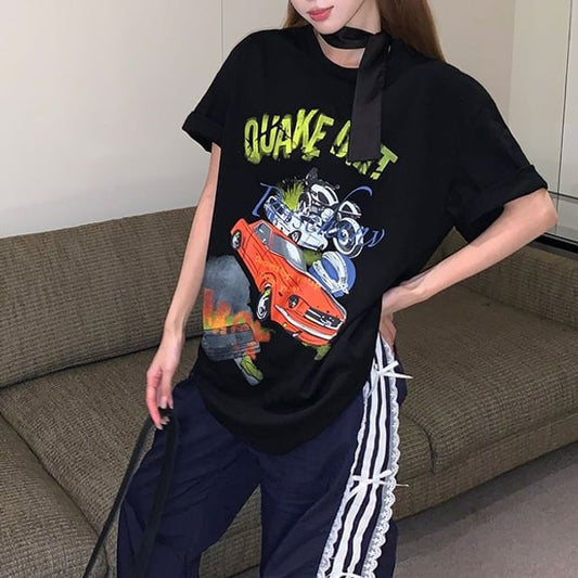 Mini Round / Neck Spaghetti Short-Sleeve Dress Bodycon Graphic Strap Print Tee