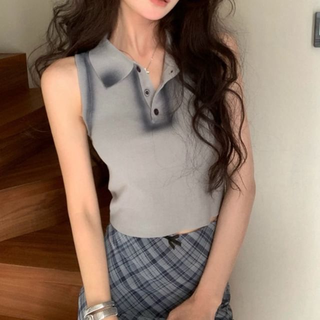 Tank Trim Top Crop Fit Collar Slim Contrast Henley