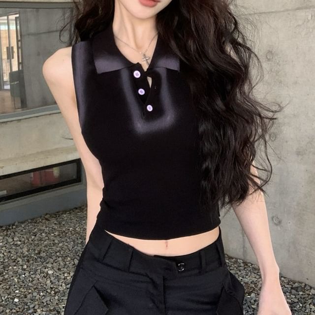 Tank Trim Top Crop Fit Collar Slim Contrast Henley