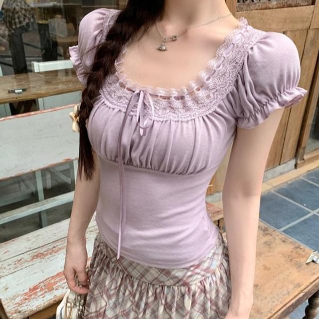 Plain Fit Square Tee Trim Neck Short-Sleeve Lace Bow Slim