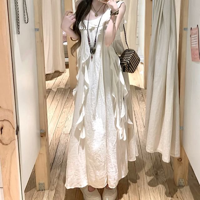 Sleeveless A-Line Asymmetrical Trim Ruffle Plain Dress Midi