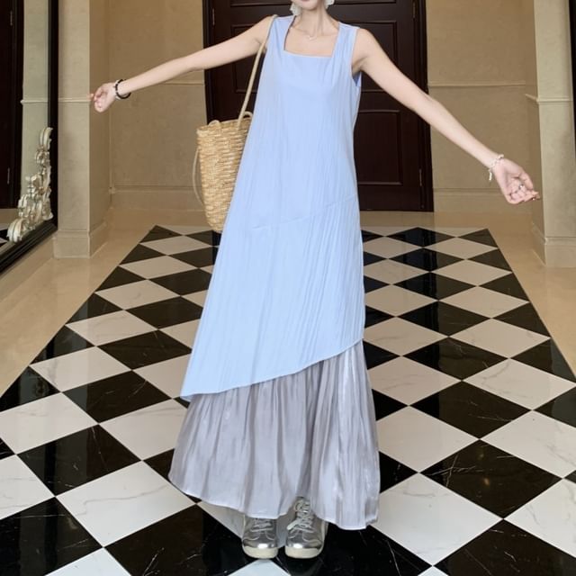 Asymmetrical Paneled Neck Midi Square Dress Sleeveless A-Line