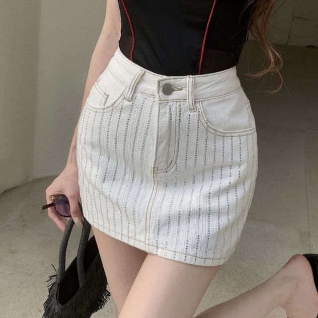Rhinestone Skirt Pencil Mini Striped High Rise Denim