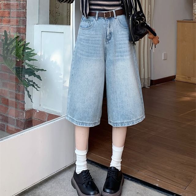 Rise Jeans Washed High Wide Leg Capri