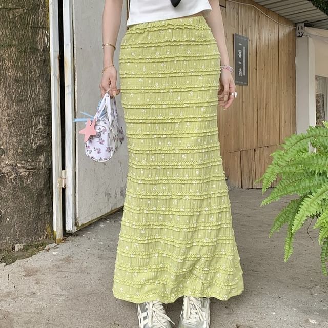 High Pencil Maxi Skirt Floral Rise Tiered