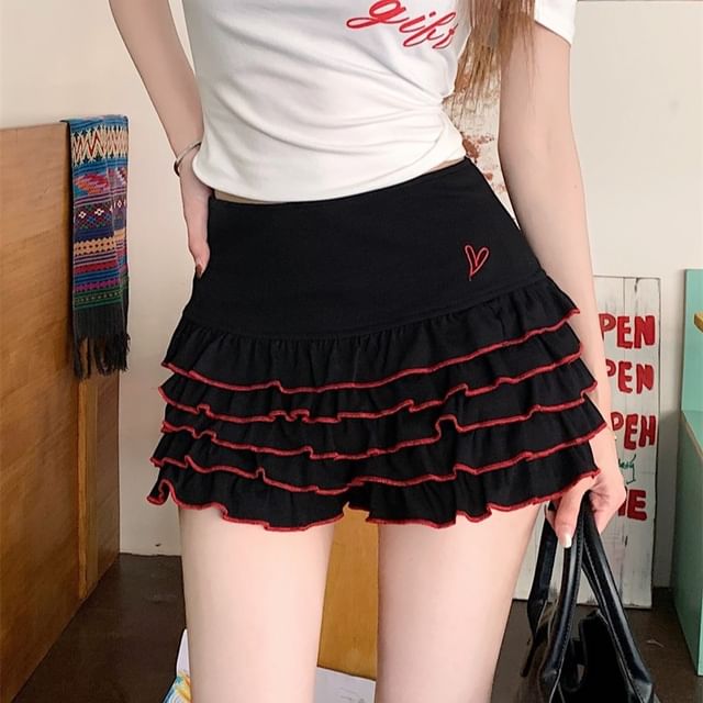 Off-Shoulder Skort Lettering Tee / Cap-Sleeve Tiered High Waist Fit Slim Dotted