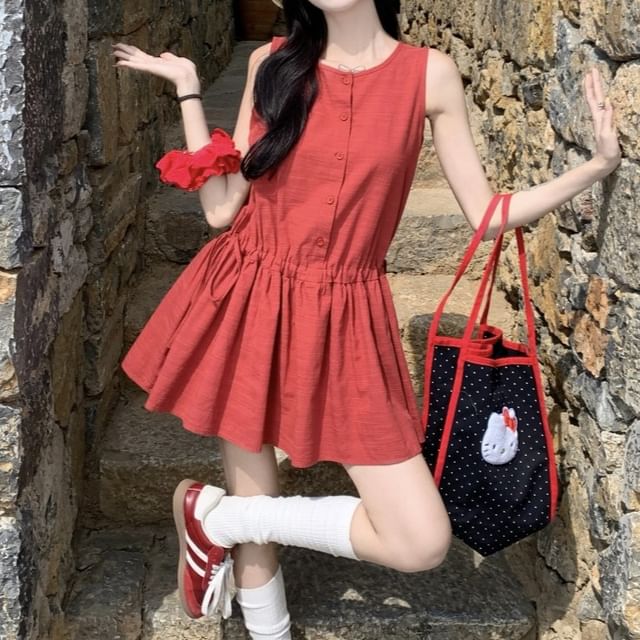 Round Button Neck Mini Sleeveless A-Line Dress Plain