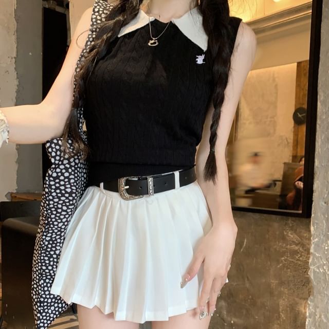 A-Line Pleated Top High Waist Mini Skirt / Collar Plain Knit Tank Contrast