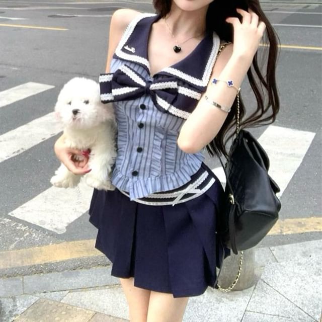 Sleeveless Rise / Blouse Striped High Mini A-Line Bow Collar Skirt Pleated