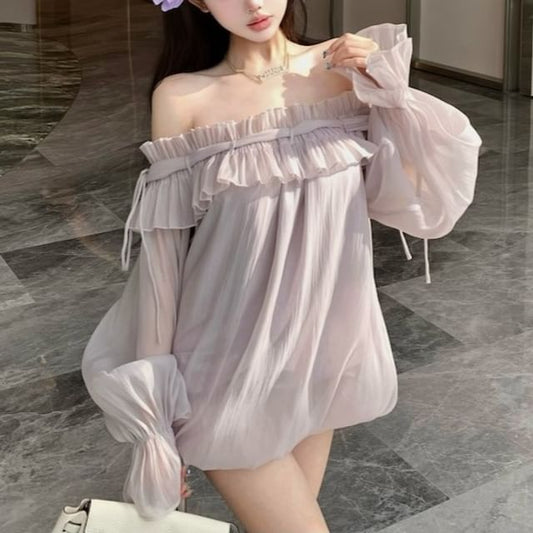 Plain Long-Sleeve Off-Shoulder Ruffle Tunic Blouse Trim