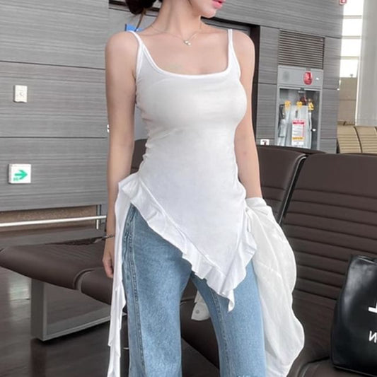 Long Neck Asymmetrical Square Tank Ruffle Slim Top Trim Fit Plain