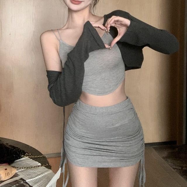 Cardigan Melange Slim Camisole Mini Pencil Crop Waist Elastic Top Skirt / Set Fit Drawstring